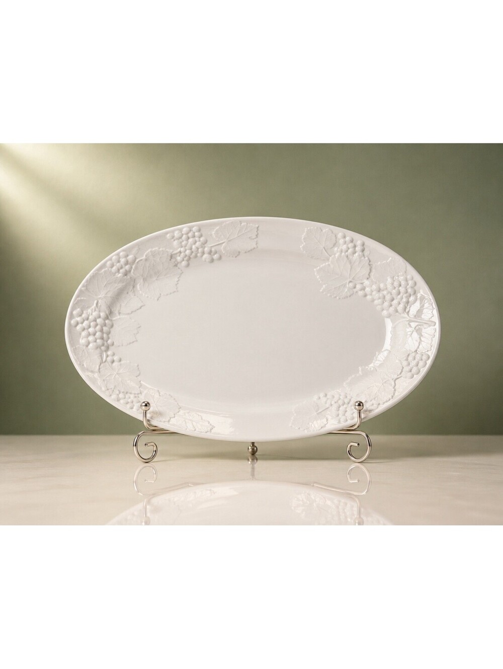 Elios Italy 1990s Oval Platter Grapevine Embossed White Ceramic, 19.5x15.5"